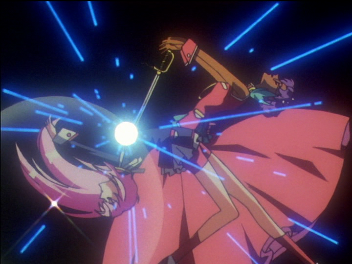 A screenshot of Anthy (an Indian girl with purple hair in a red dress) pulling a sword from Utena (a Japanese girl with pink hair in a black blazer and red athletic shorts). The sword is coming out of a glowing ball of light in Utena's chest.